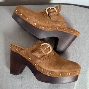 Madewell The Wes Buckle-Strap Clog Brown Suede Gold Studded Heels Platform 7